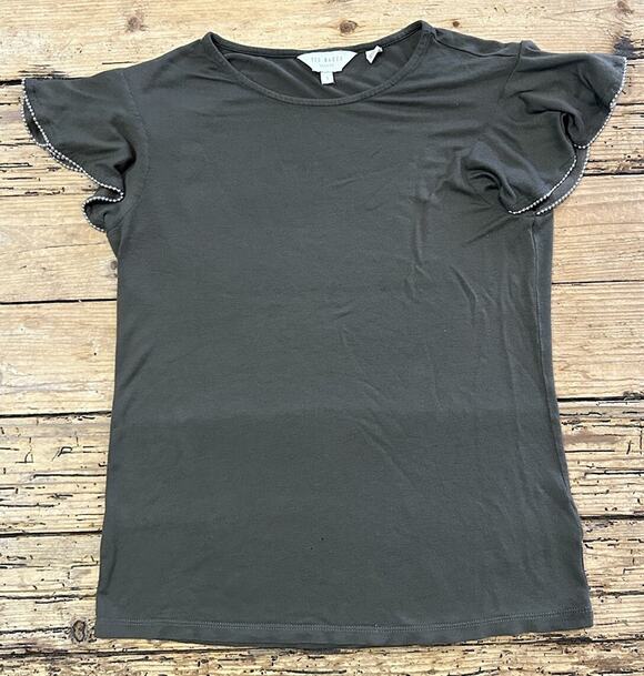 Ted Baker Tops - Ted Baker Women’s Size 1 Olive Green Butterfly Beaded Sleeves Top